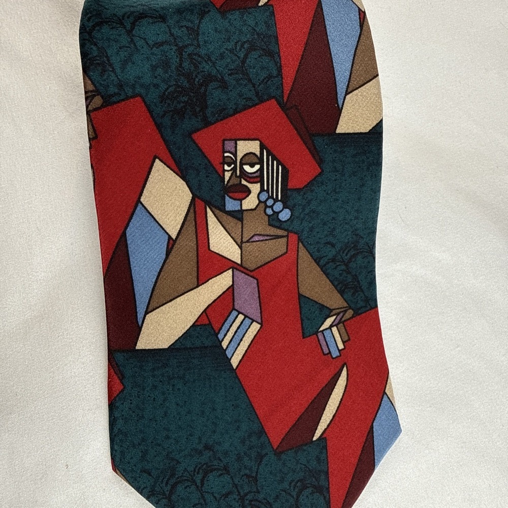 VINTAGE JAMES VANN ARTIST NECKTIE TIE NEO CUBIST GEOMETRIC RED SILK HANDMADE